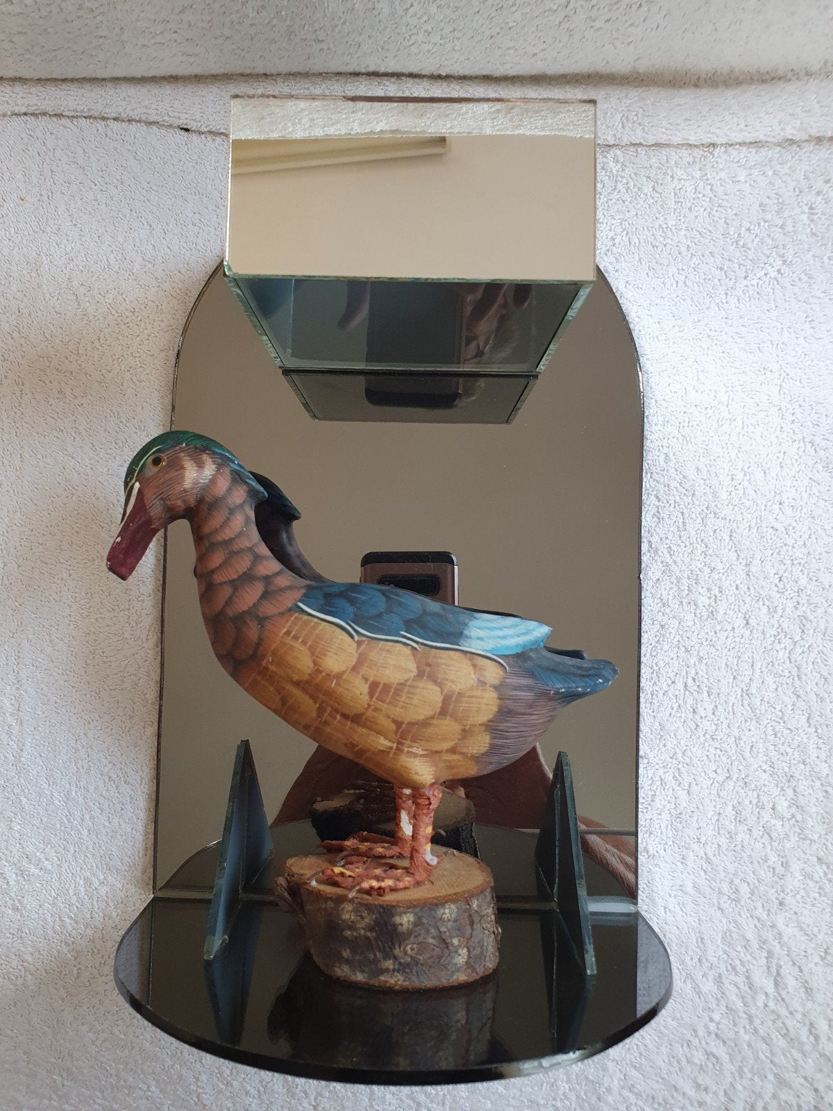 Decoratieve houten mandarijneend op spiegelplateau, Hout, Meerkleurig, Ophalen of Verzenden, Landelijk