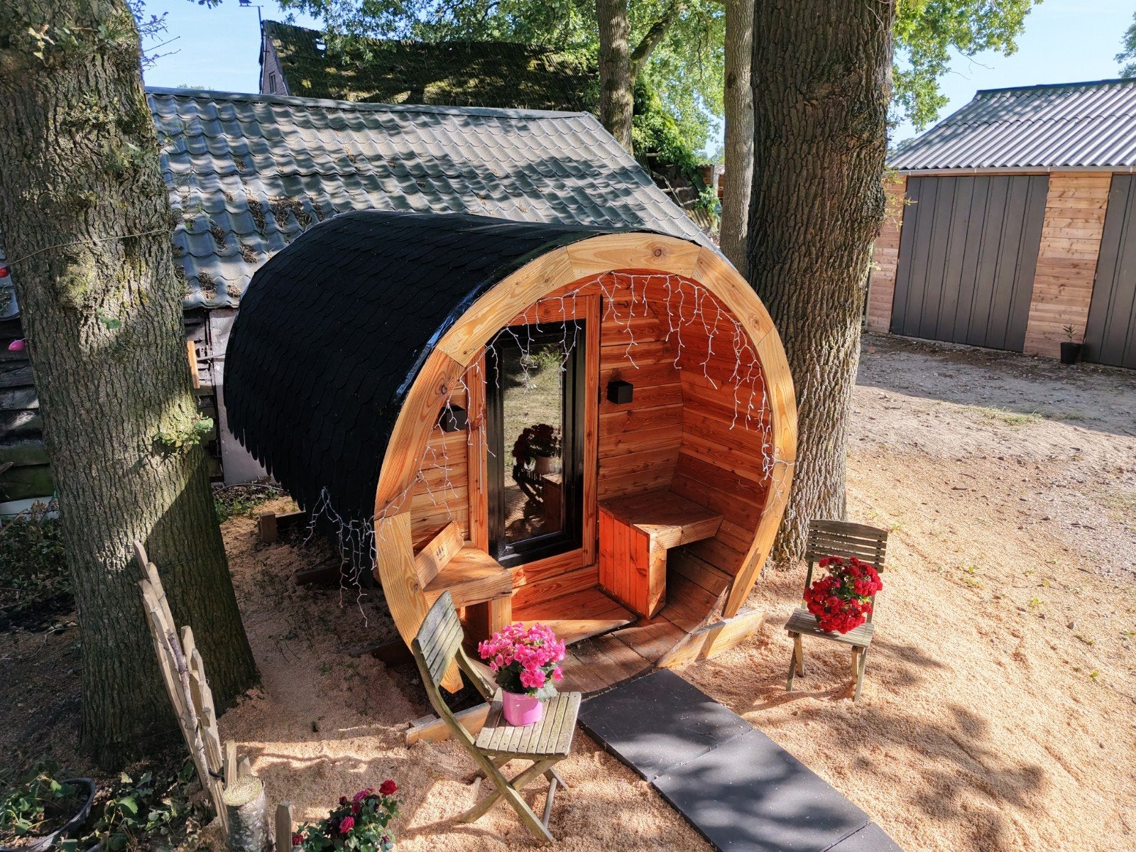 Barrelsauna | ligsauna | buitensauna I barrel | Ø216x282 cm, Sport en Fitness, Sauna, Ophalen, Zo goed als nieuw, Fins of Traditioneel