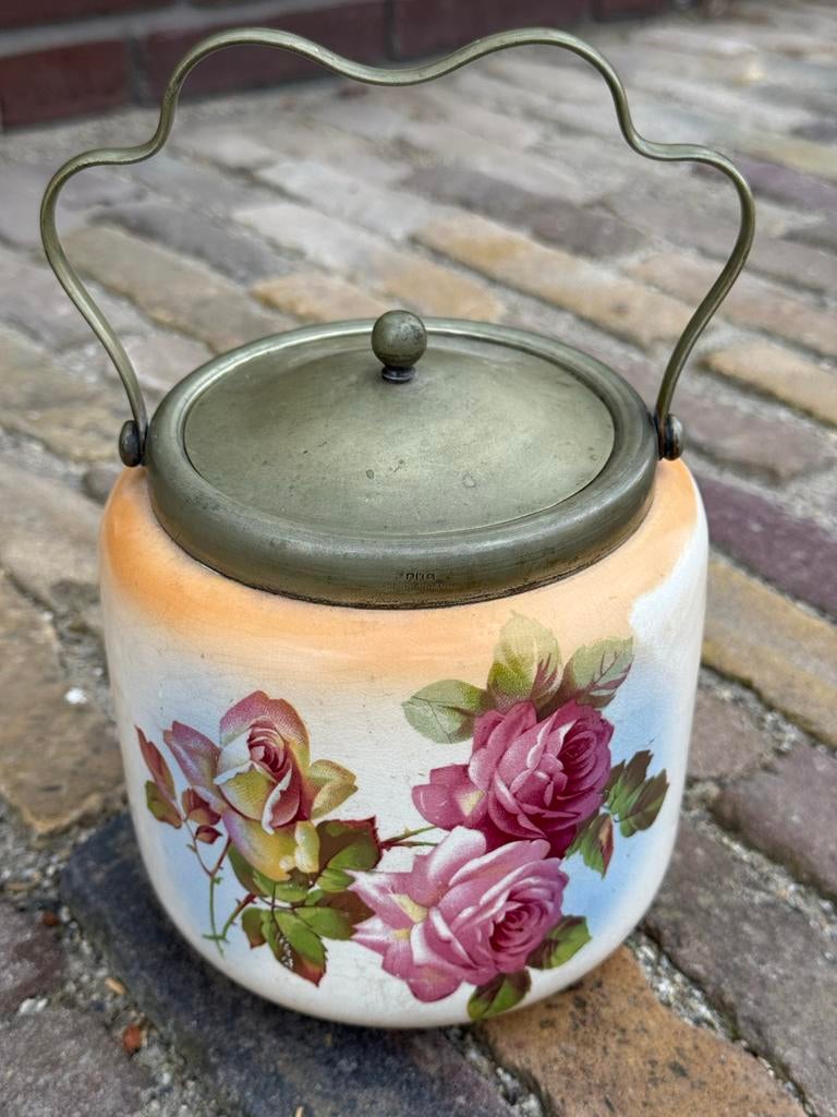 Antieke Koekjespot met Bloemenprint en Metalen Handvat, Antiek en Kunst, Antiek | Keramiek en Aardewerk, Ophalen of Verzenden