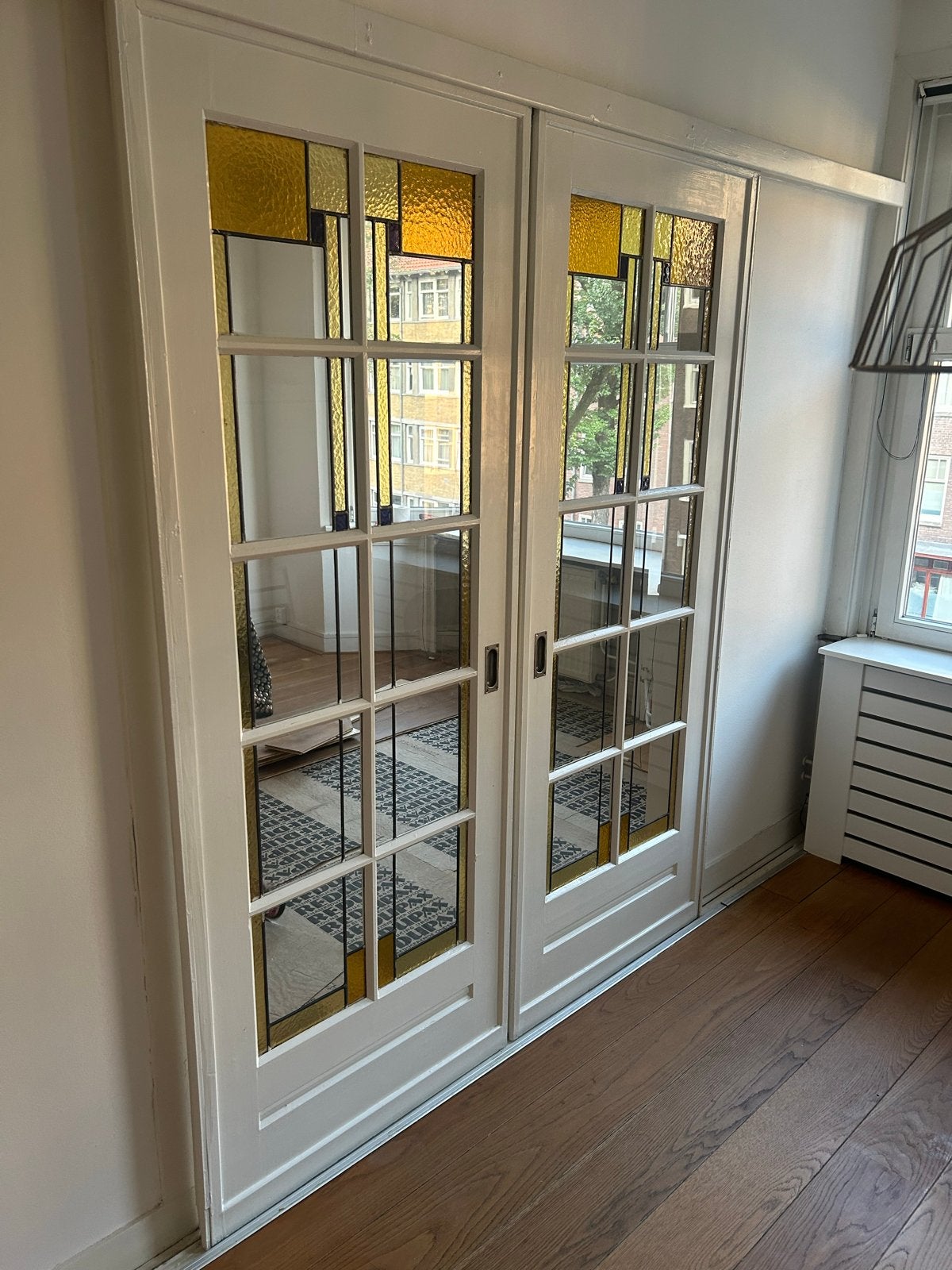 Set van 2 glas-in-lood schuifdeuren - Amsterdamse school, Doe-het-zelf en Verbouw, Deuren en Horren, Ophalen, Gebruikt, 80 tot 100 cm