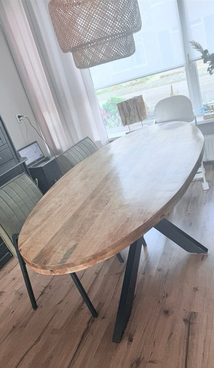 Mango houten ovale eettafel 210cm met kruispoot, Huis en Inrichting, Tafels | Eettafels, Ophalen, Gebruikt, 100 tot 150 cm, 200 cm of meer