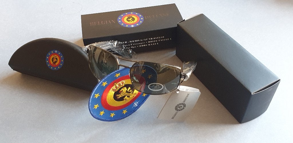 Piloten Zonnenbril Org. Belg. Leger, incl doos/koker/patches, Overige merken, Zonnebril, Verzenden, Zwart