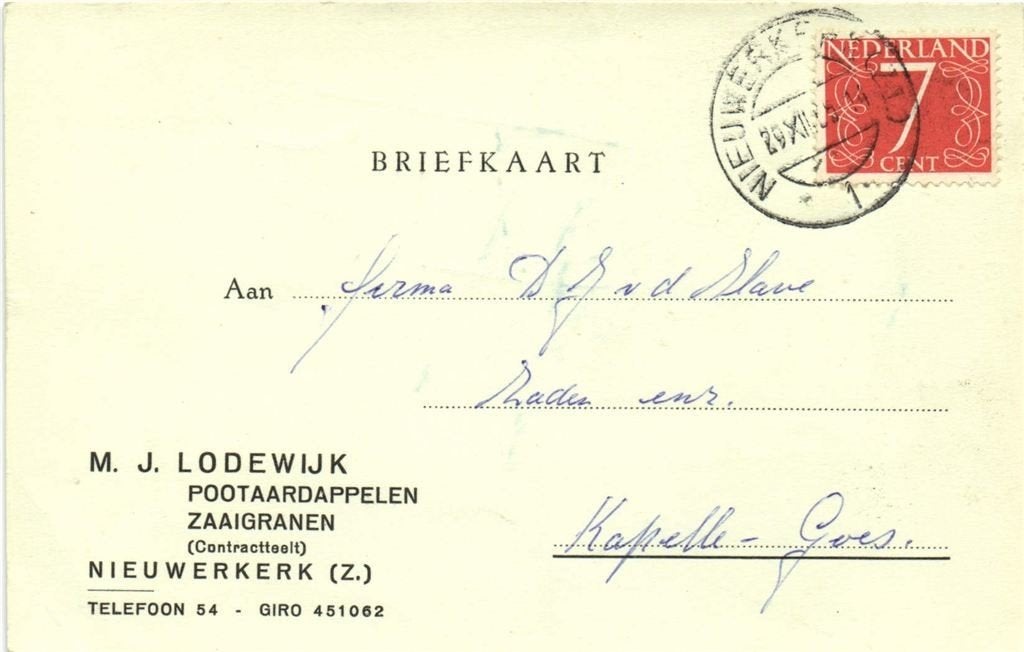 M.J. Lodewijk, Nieuwerkerk [Z.] - 12.1955 - briefkaart, Ophalen of Verzenden, Briefkaart
