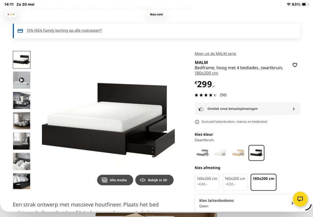 Ikea Malm Bed 180x200 met 4 lades, lattenbodems en matras, Ophalen, Zwart, Tweepersoons, Zo goed als nieuw