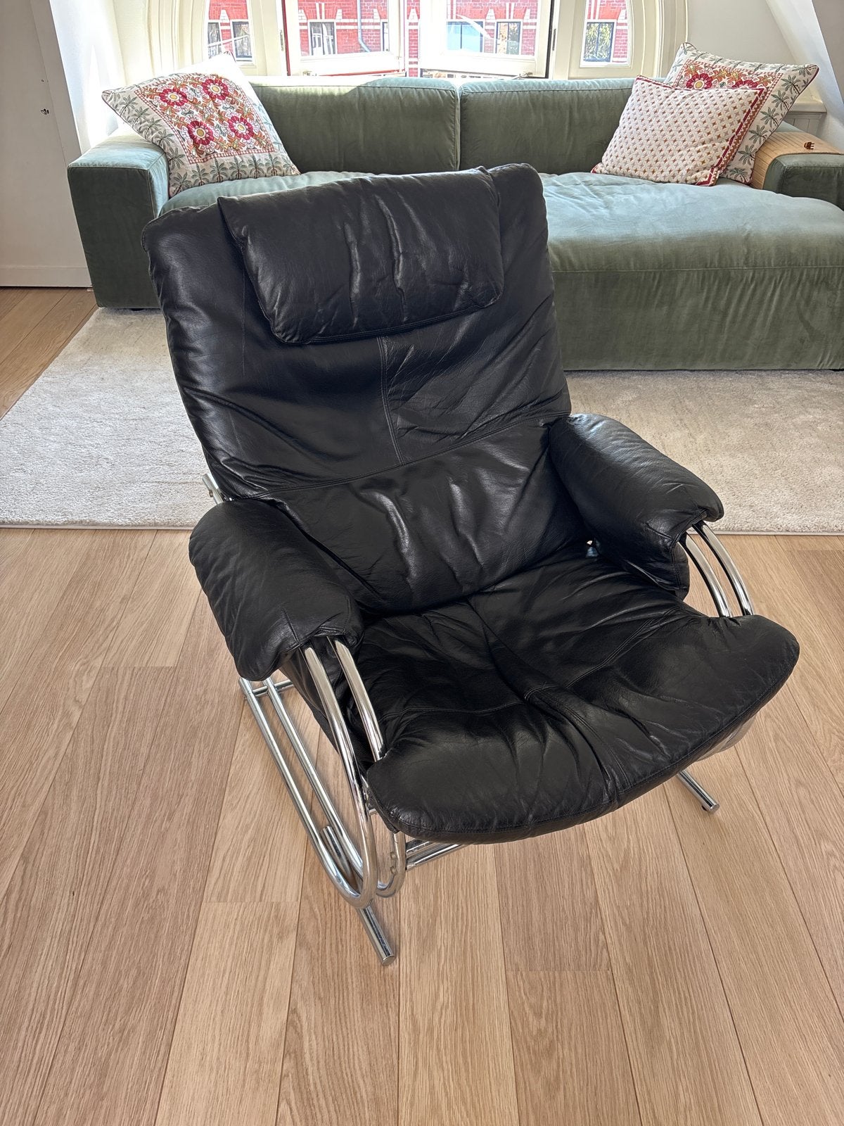 Vintage leren relaxstoel / loungestoel met chromen frame, Huis en Inrichting, Fauteuils, Ophalen, Gebruikt, 50 tot 75 cm, Leer