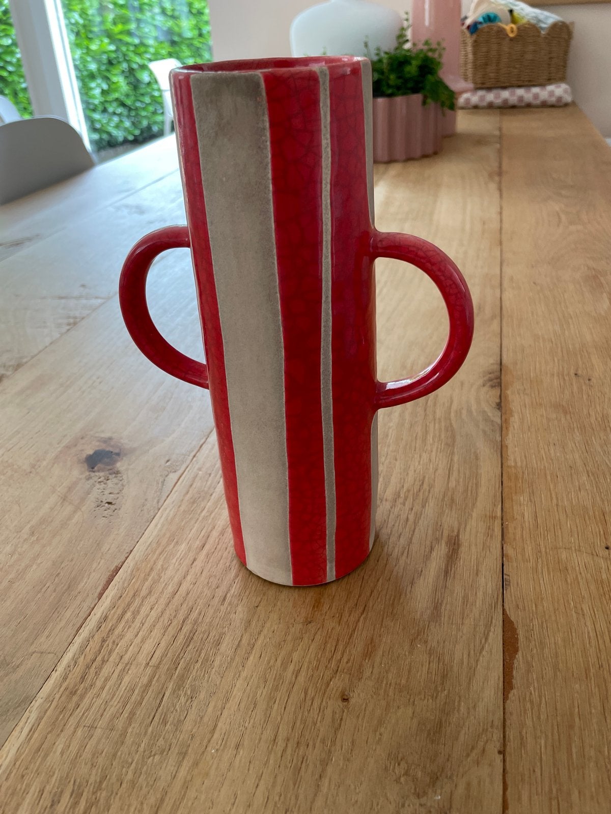 RICE Vaas Rood Beige 22cm - Handgemaakt in Portugal, Antiek en Kunst, Antiek | Vazen, Ophalen