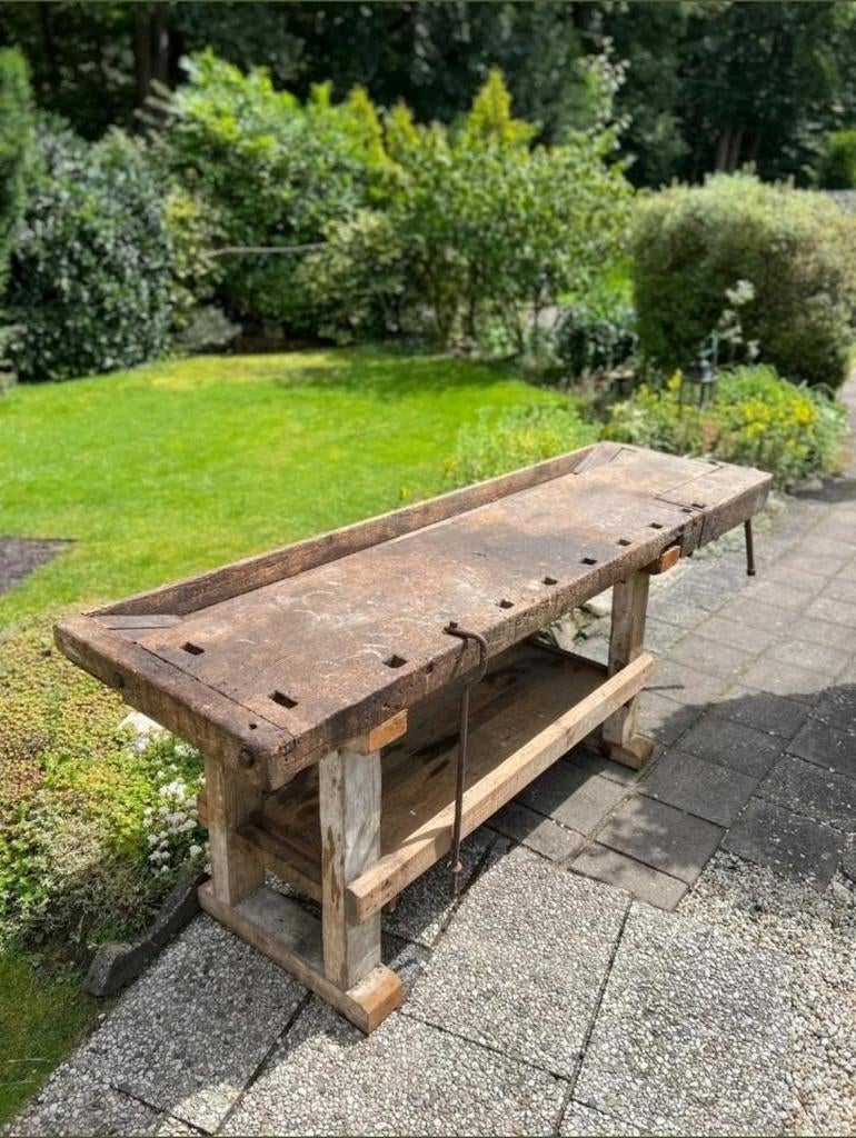 Werkelijk prachtige antieke vintage robuuste werkbank 258cm, Ophalen of Verzenden, Gebruikt, 170 cm of meer, Bankschroef