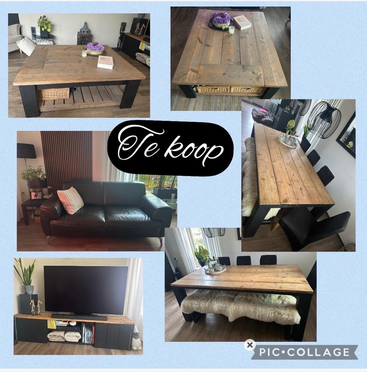 Robuuste houten salontafel met zwart onderstel, Huis en Inrichting, Tafels | Salontafels, Gebruikt, Vierkant, 5 – 50, Overige houtsoorten