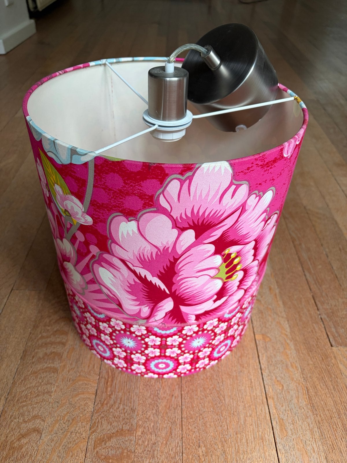Unieke handgemaakte roze lampenkap met PIP bloemenprint, Huis en Inrichting, Hanglamp, Gebruikt, Rond, Ophalen of Verzenden