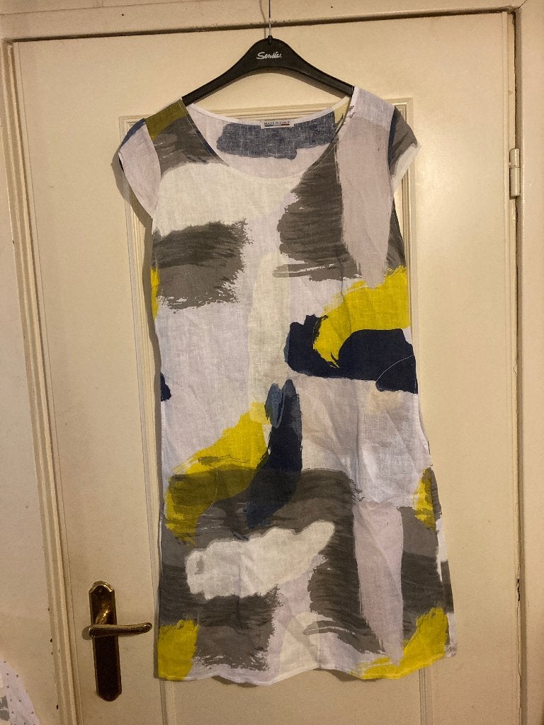 Zomerse wit geel grijze linnen jurk van Made In Italy, mt M, Maat 38/40 (M), Made in Italy, Verzenden, Geel