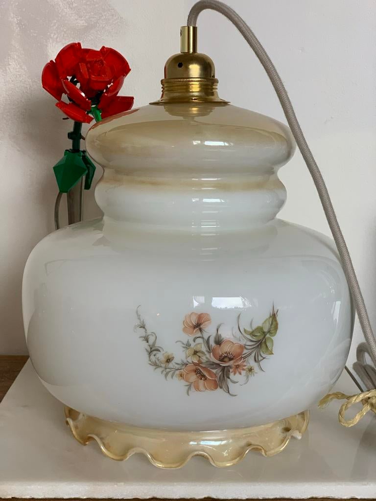 Vintage Opale Glas lamp kap met Bloemmotief, Ophalen of Verzenden