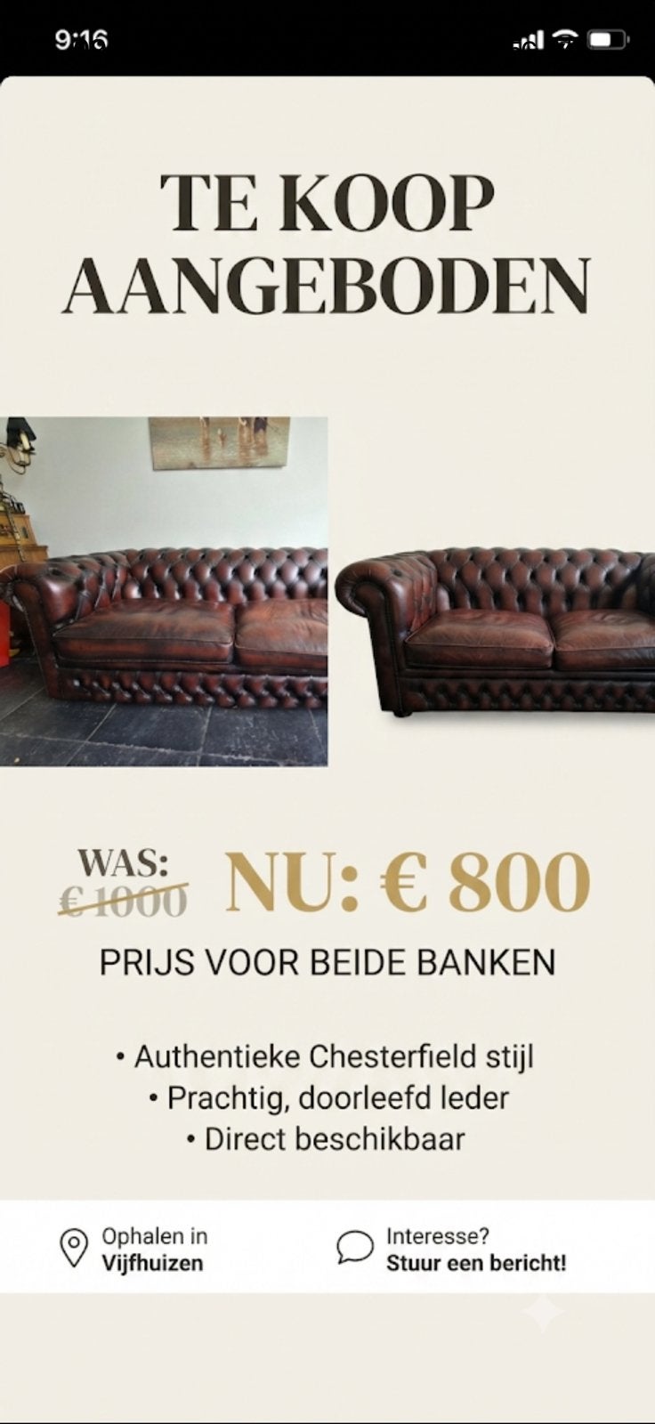 ORIGINELE Chesterfield MET BON 2-zits + 3-zits in bruin leer, Ophalen, Gebruikt, 150 tot 200 cm, Tweepersoons