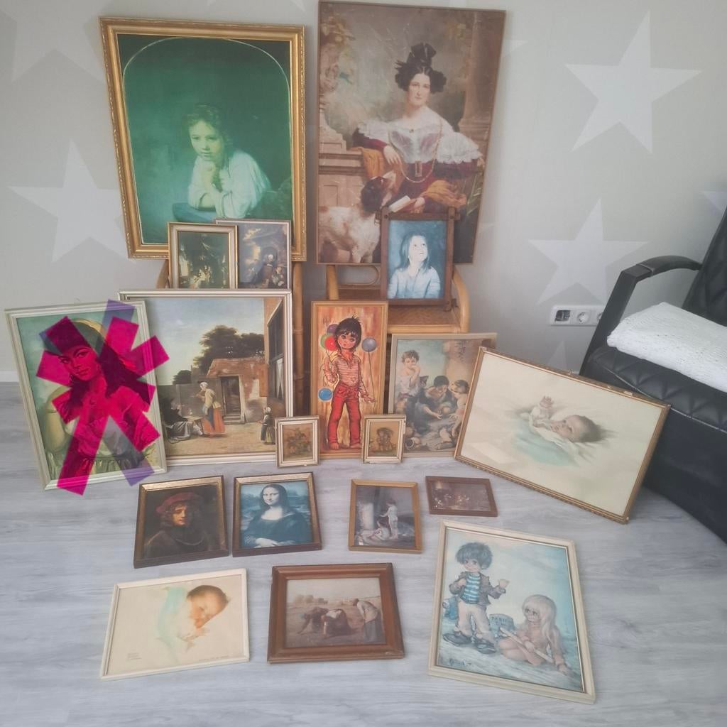 Grote collectie van 16 diverse schilderijen en prints, Antiek en Kunst, Kunst | Schilderijen | Klassiek, Ophalen