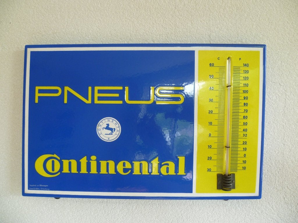 EMAILLE RECLAME THERMOMETER"CONTINENTAL PNEUS"UIT JAREN 50, Verzamelen, Ophalen of Verzenden, Zo goed als nieuw, Reclamebord