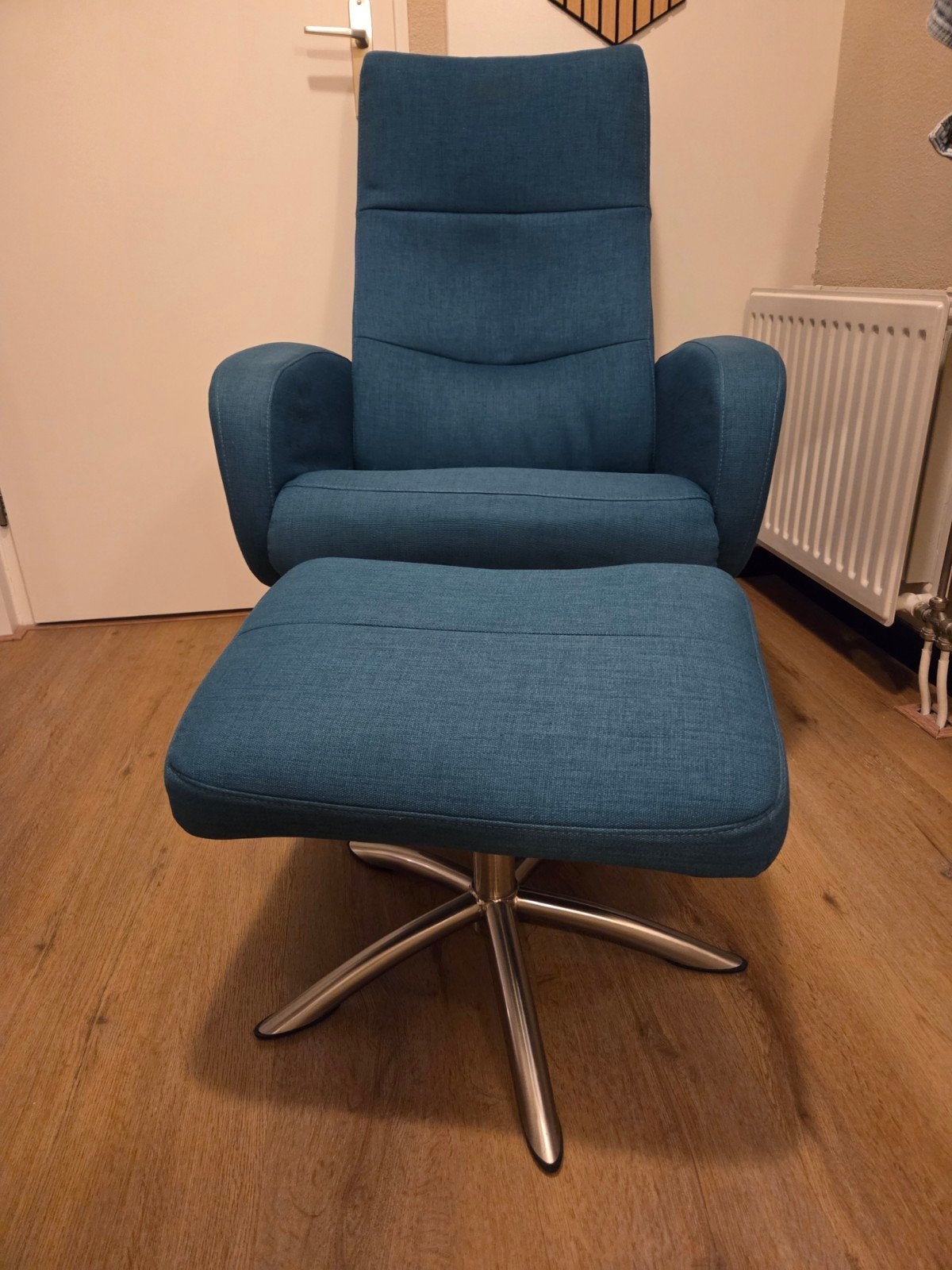 Hjort Knudsen Draaistoel met Voetenbankje - Blauw Stof, Ophalen, Gebruikt, Blauw, Eén