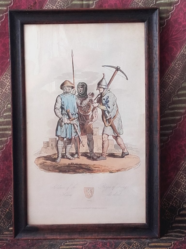 Antieke ingelijste historische militaria ets uit Engeland., 1800 - 1899, Met tekst, Militair, Ophalen of Verzenden