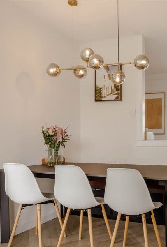 Moderne hanglamp met 6 glazen bollen, Ophalen, Gebruikt, Glas