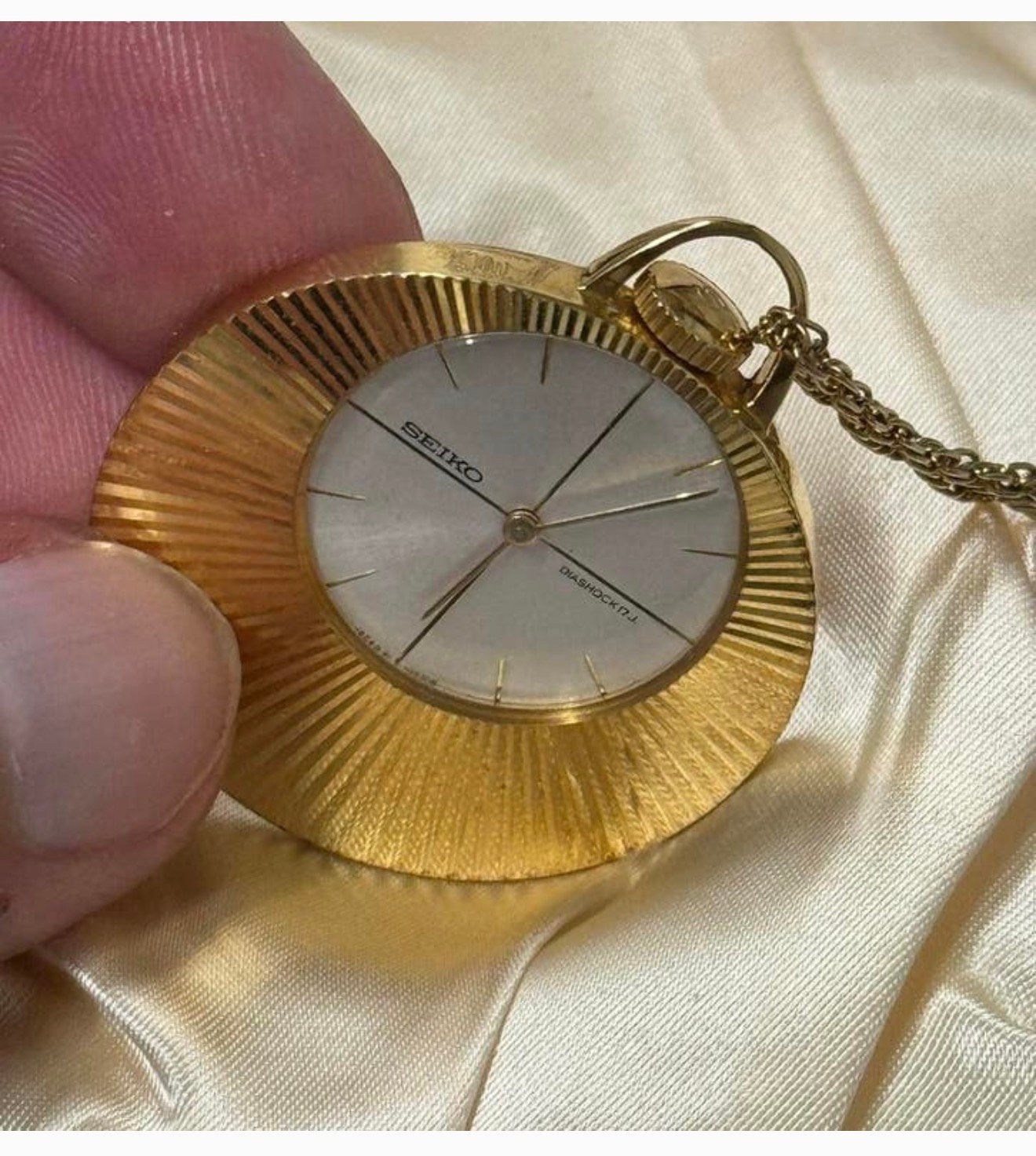 1960-1970 horloge Seiko + ketting Bladgoud zakhorloge antiek, Ophalen of Verzenden, Goud, Verguld
