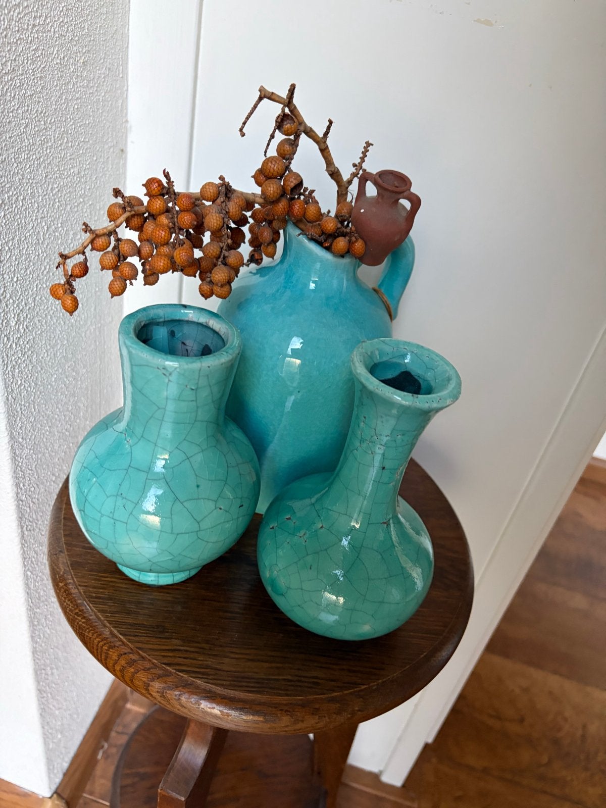 Set van 3 turquoise craquelé vazen, Antiek en Kunst, Ophalen of Verzenden
