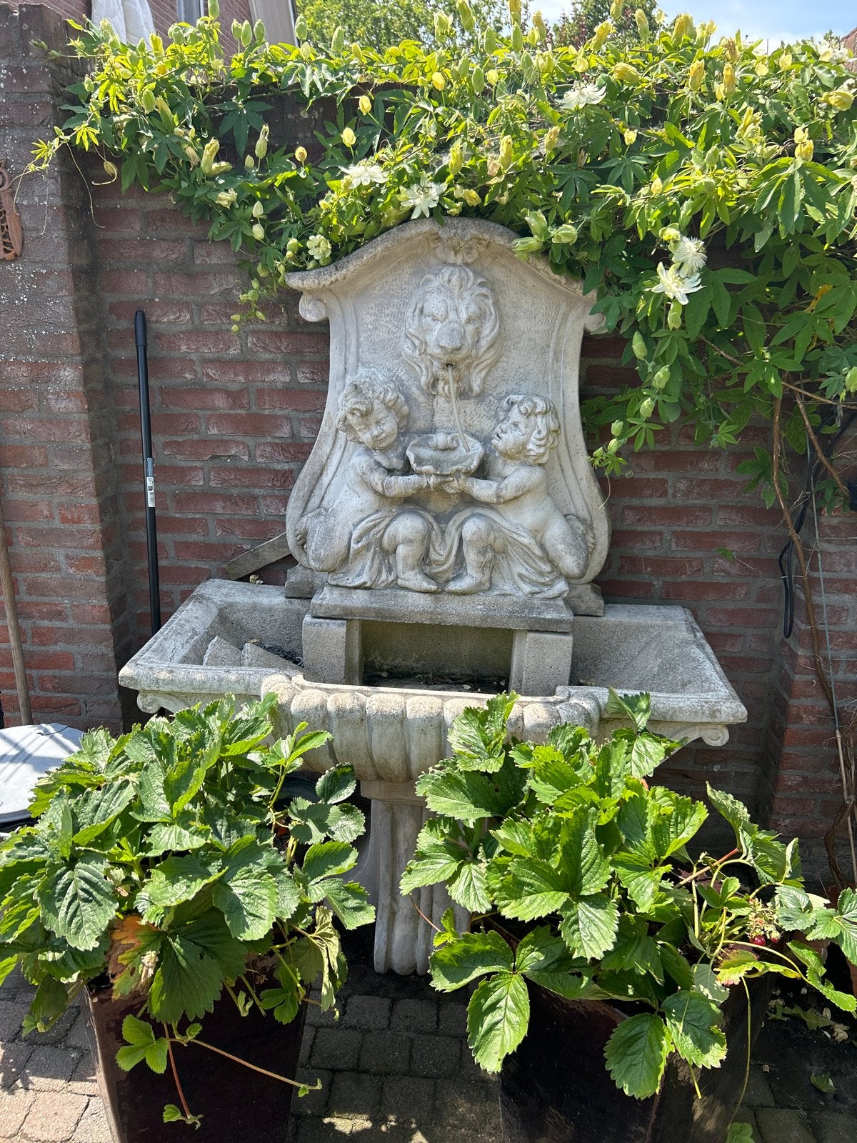Prachtige stenen fontein met cherubijnen en leeuwenkop, Ophalen, Gebruikt, Graniet, Fontein