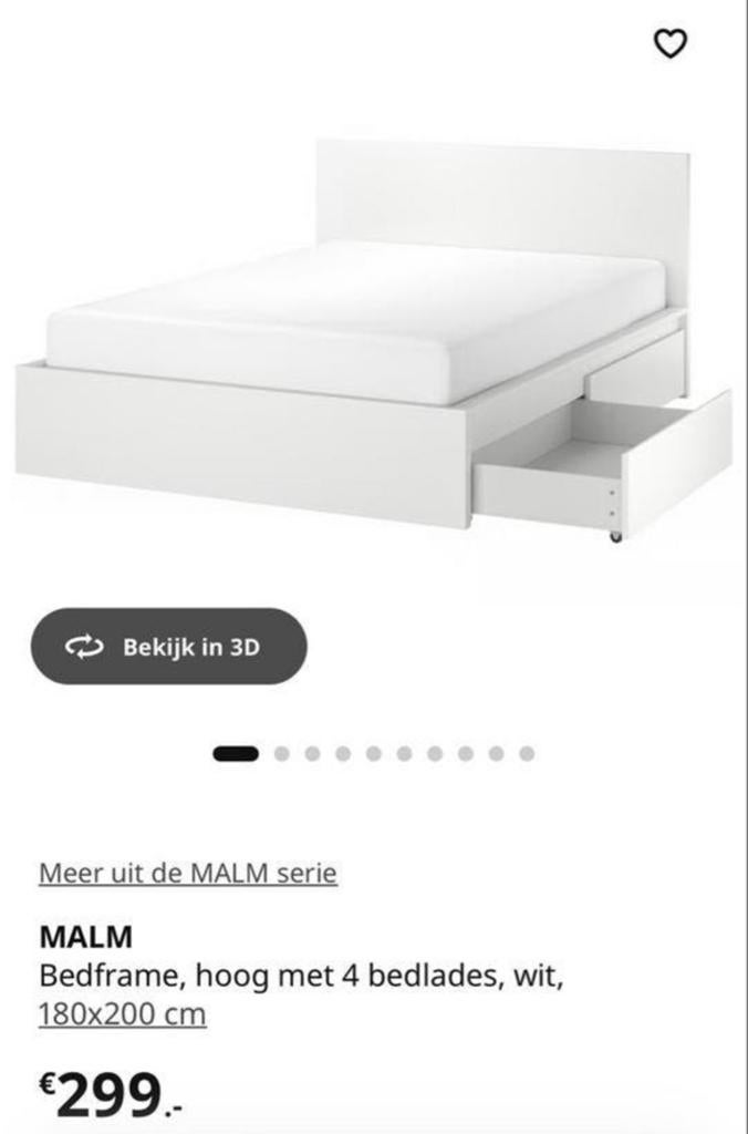 Ikea Malm bed wit 180x200 + lattenbodems + 4 lades, Ophalen, Gebruikt, Wit, Tweepersoons