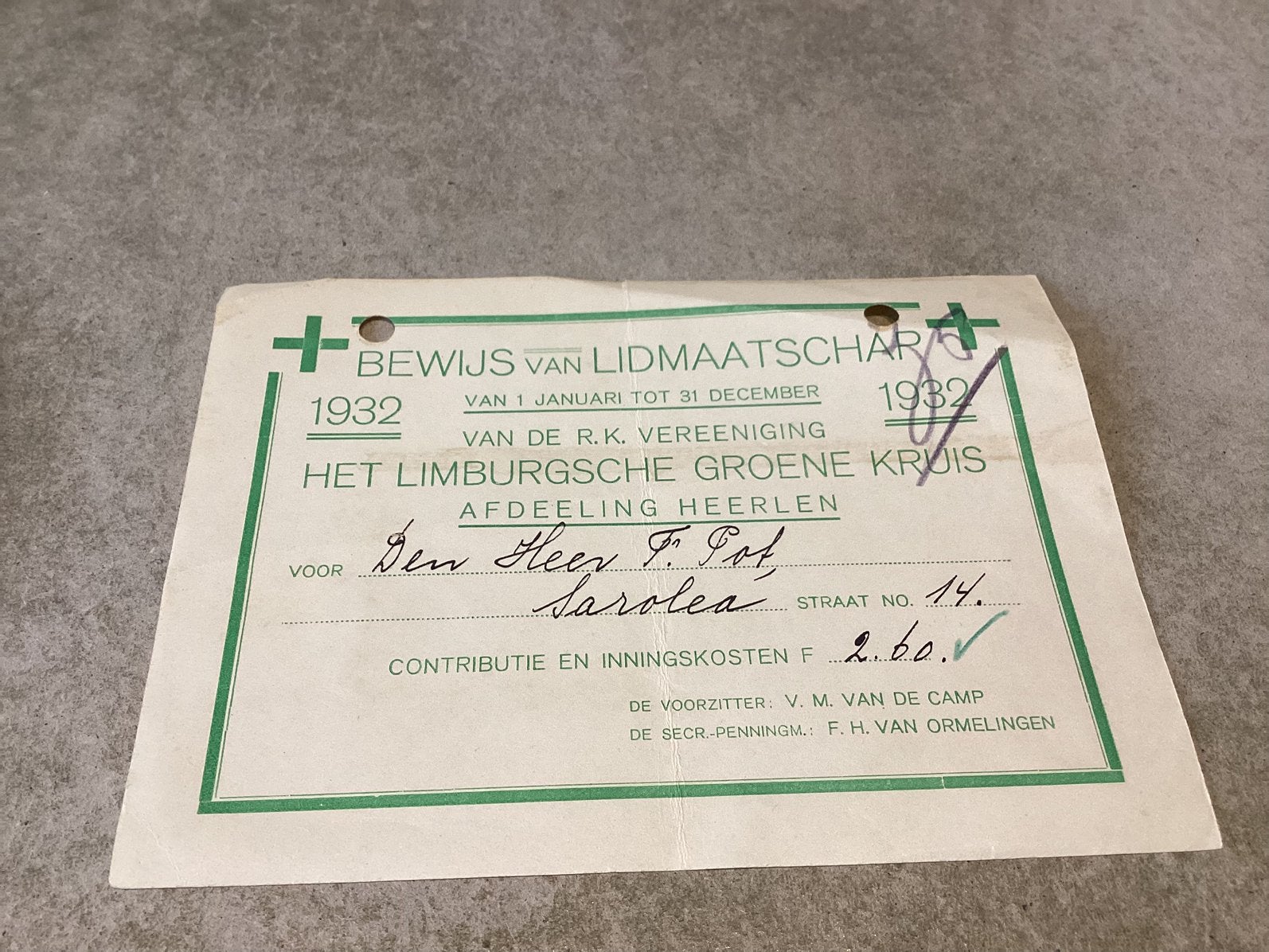 Heerlen.     Bewijs van lidmaatschap 1932, Verzamelen, Ophalen of Verzenden, 1920 tot 1940, Limburg