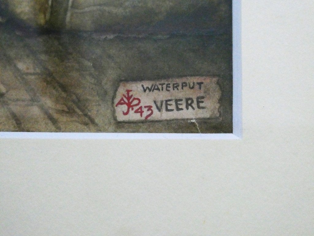 Aquarel Waterput Veere Zeeland - Dirk van Gelder 1943, Ophalen of Verzenden, Gesigneerd, Klassiek, Aquarel