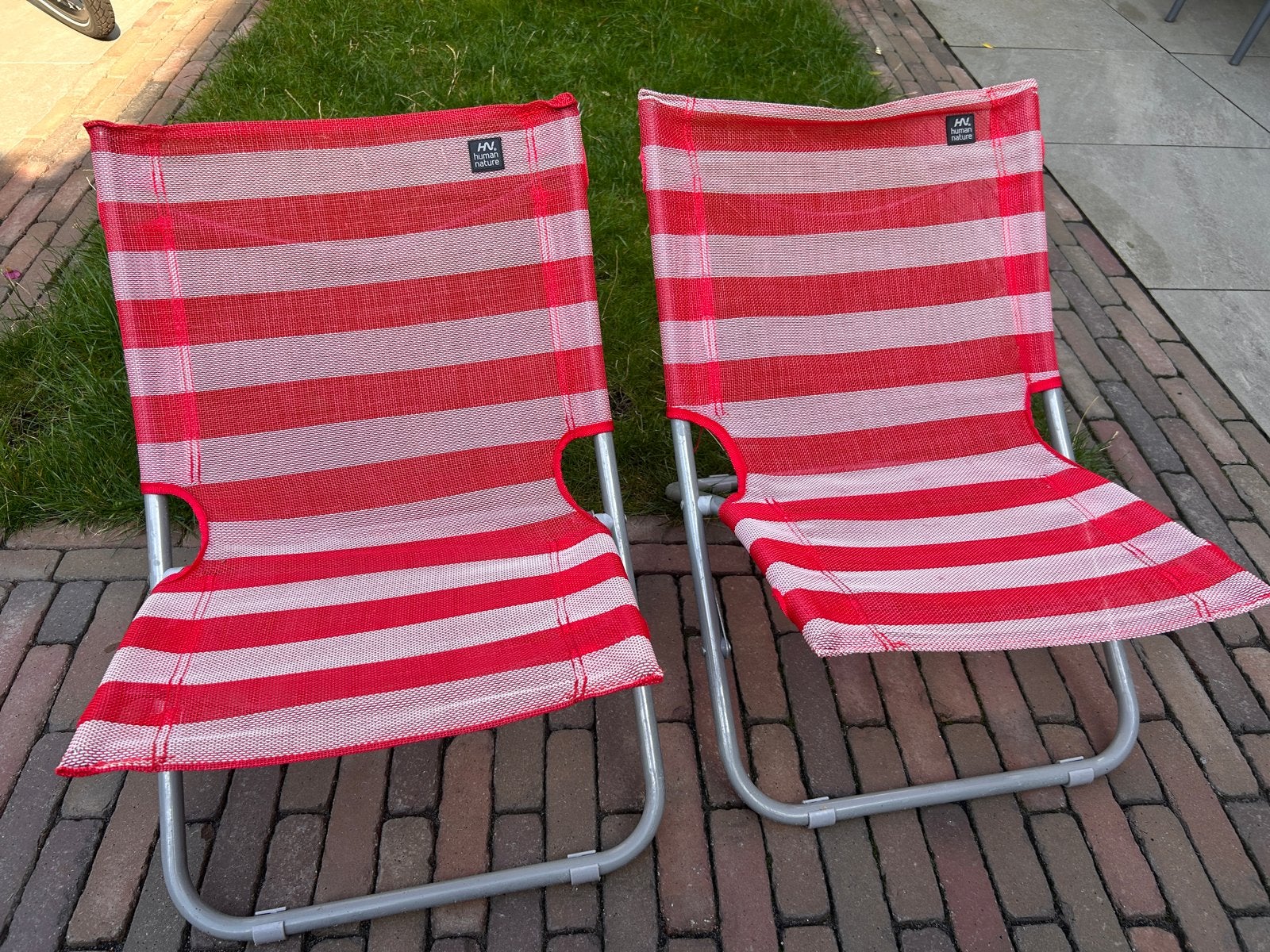 2x opvouwbare strandstoeltjes rood/wit gestreept, Tuin en Terras, Ophalen, Gebruikt, Inklapbaar