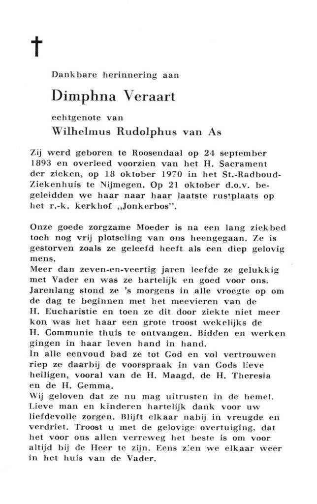 Veraart Dimphna Roosendaal 1893-1970 Nijmegen, Verzamelen, Bidprentjes en Rouwkaarten, Ophalen of Verzenden