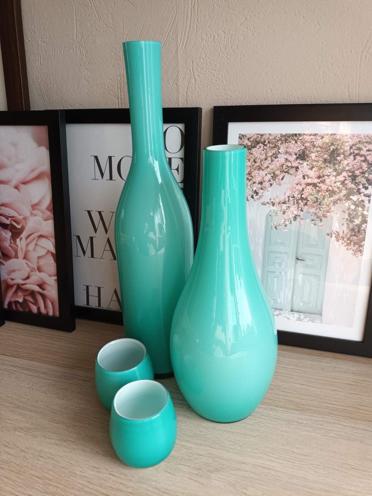 Set van 2 vazen en 2 waxinelichthouders - Turquoise, Ophalen of Verzenden, Zo goed als nieuw, Overige kleuren, Glas
