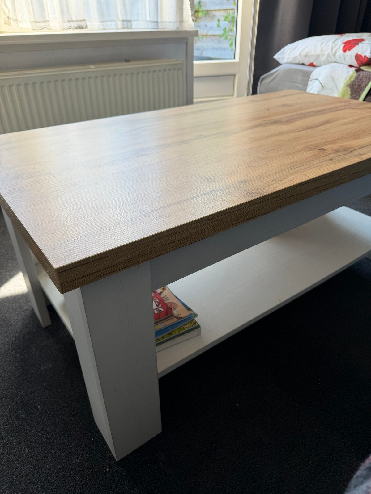 Salontafel met opbergruimte, hout en wit, Ophalen, Gebruikt, 100 tot 150 cm, 50 tot 100 cm