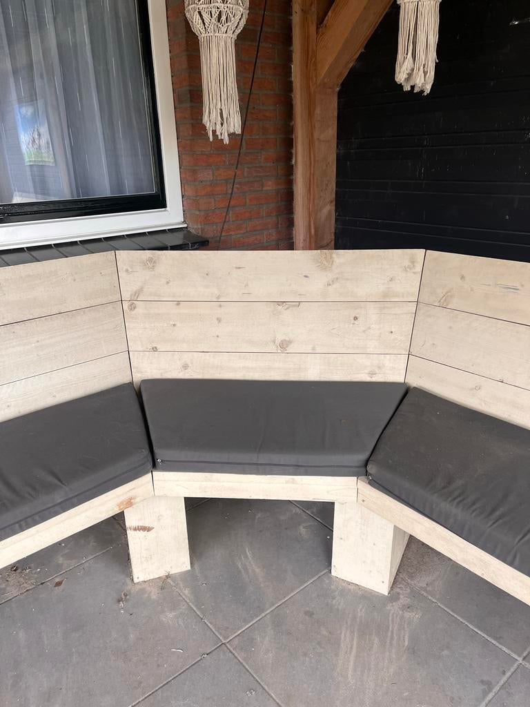 Steigerhouten loungebank met kussens, Tuin en Terras, Ophalen, Gebruikt, Hout