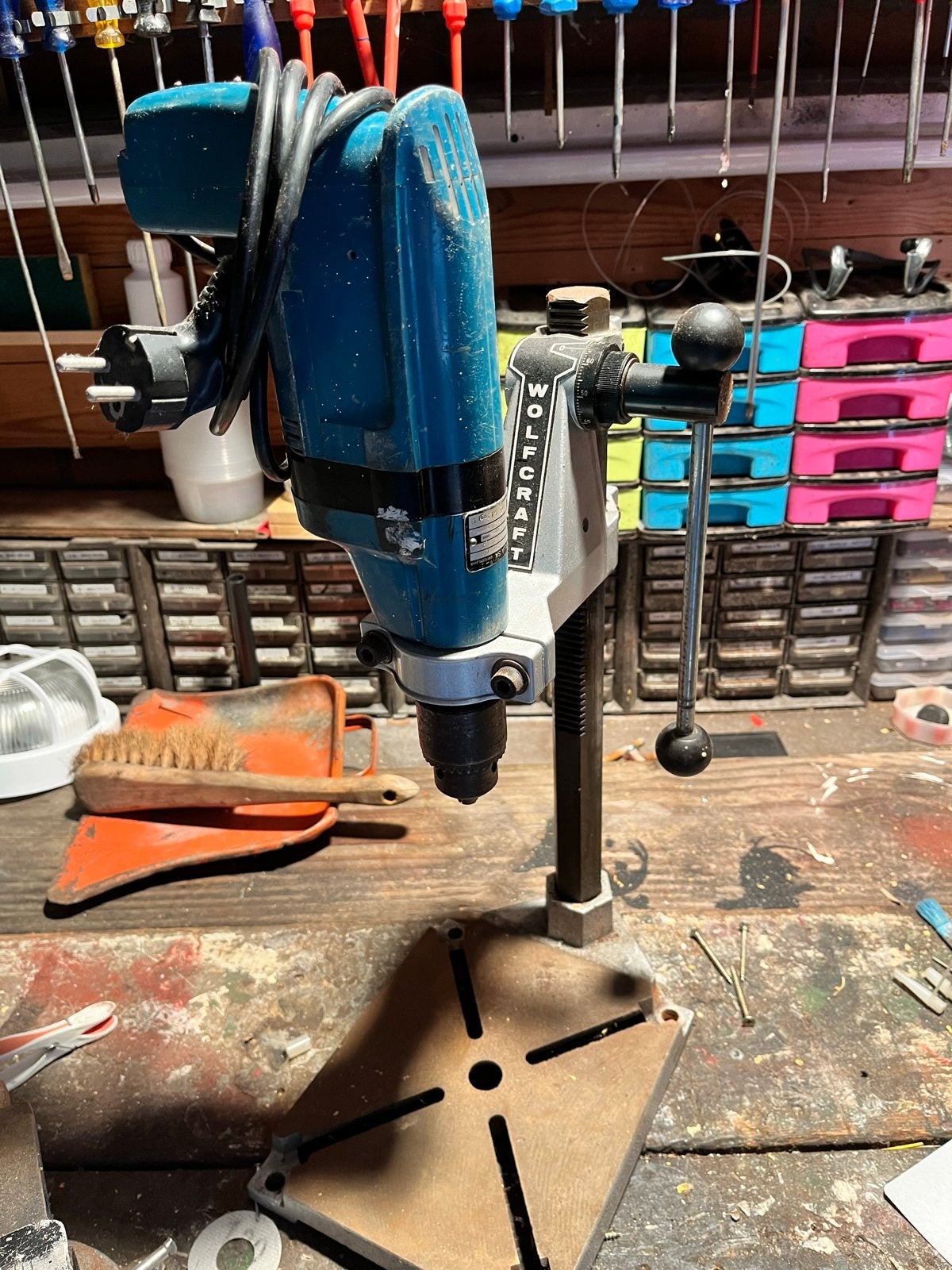 Boormachine met boorstandaard - Wolfcraft, Doe-het-zelf en Verbouw, Gereedschap | Boormachines, Ophalen of Verzenden, Gebruikt