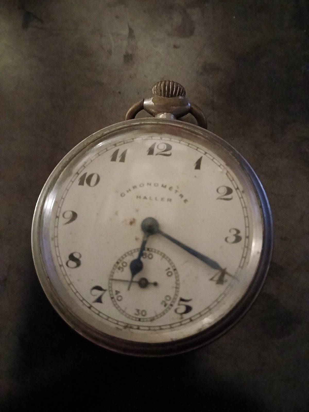 Antiek Chronomètre Haller zakhorloge met trein gravure, Ophalen of Verzenden