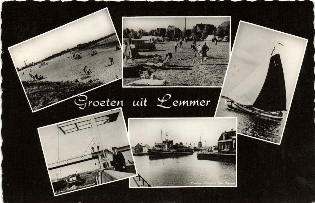 Groeten uit Lemmer - 5 afb o.a. sluis camping skutsje - 1961, Ophalen of Verzenden, 1960 tot 1980, Gelopen, Friesland