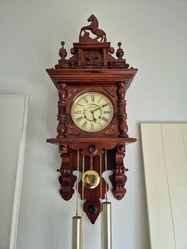 Antieke Regulator Wandklok met Paard - 31 Dagen Uurwerk, Ophalen of Verzenden