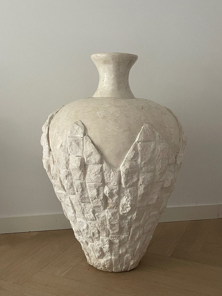 Set van 3 grote zware design vazen, Ophalen, Gebruikt, Beige, Natuurlijk materiaal
