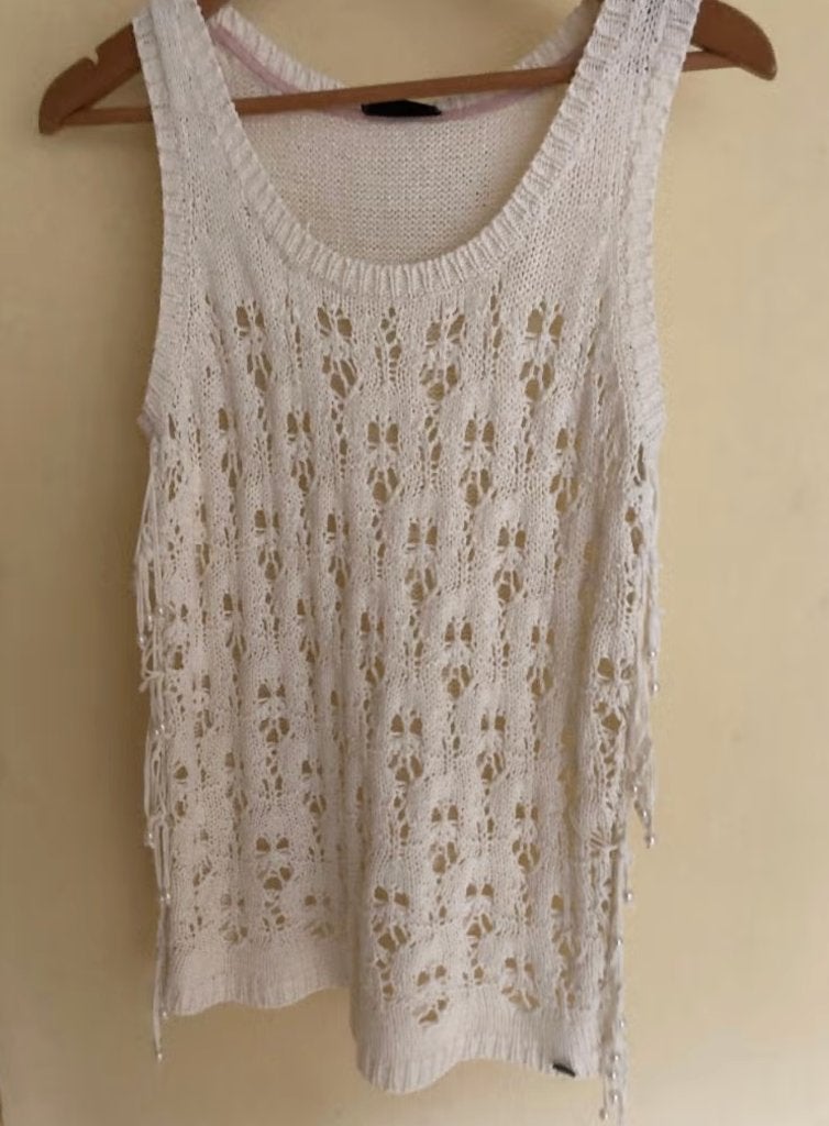 off white top / vest Didi fringes met 'pareltje' S ZGAN, Verzenden, Wit, Didi, Zo goed als nieuw