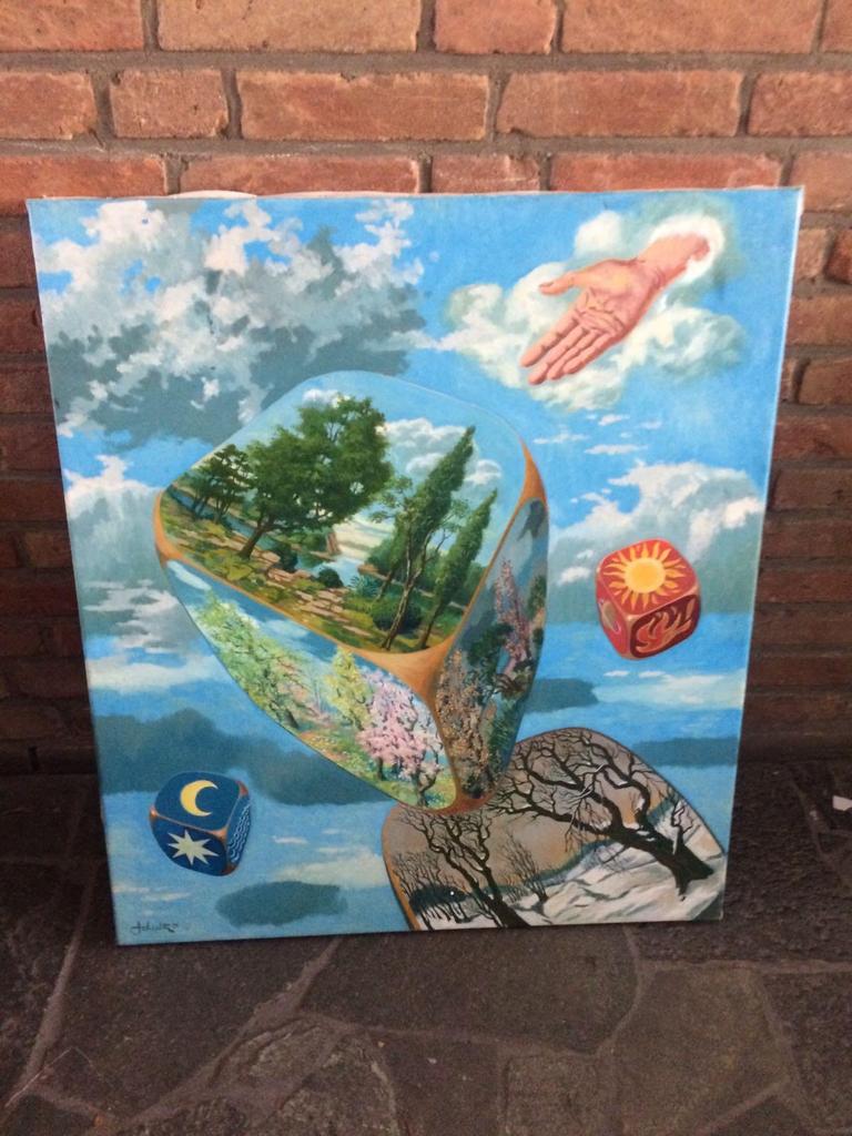 Magisch Realisme: Zwevende Dobbelstenen & Seizoenslandschap, Ophalen of Verzenden