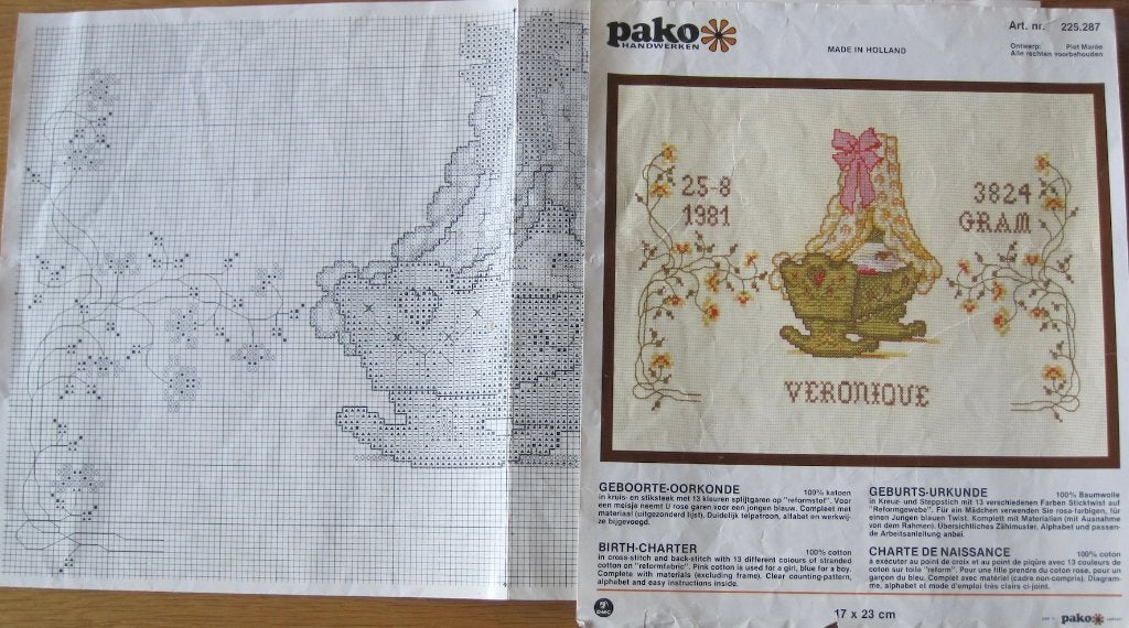 borduurpatroon van een geboorte-oorkonde van PAKO, Ophalen of Verzenden, Zo goed als nieuw, Handborduren, Patroon