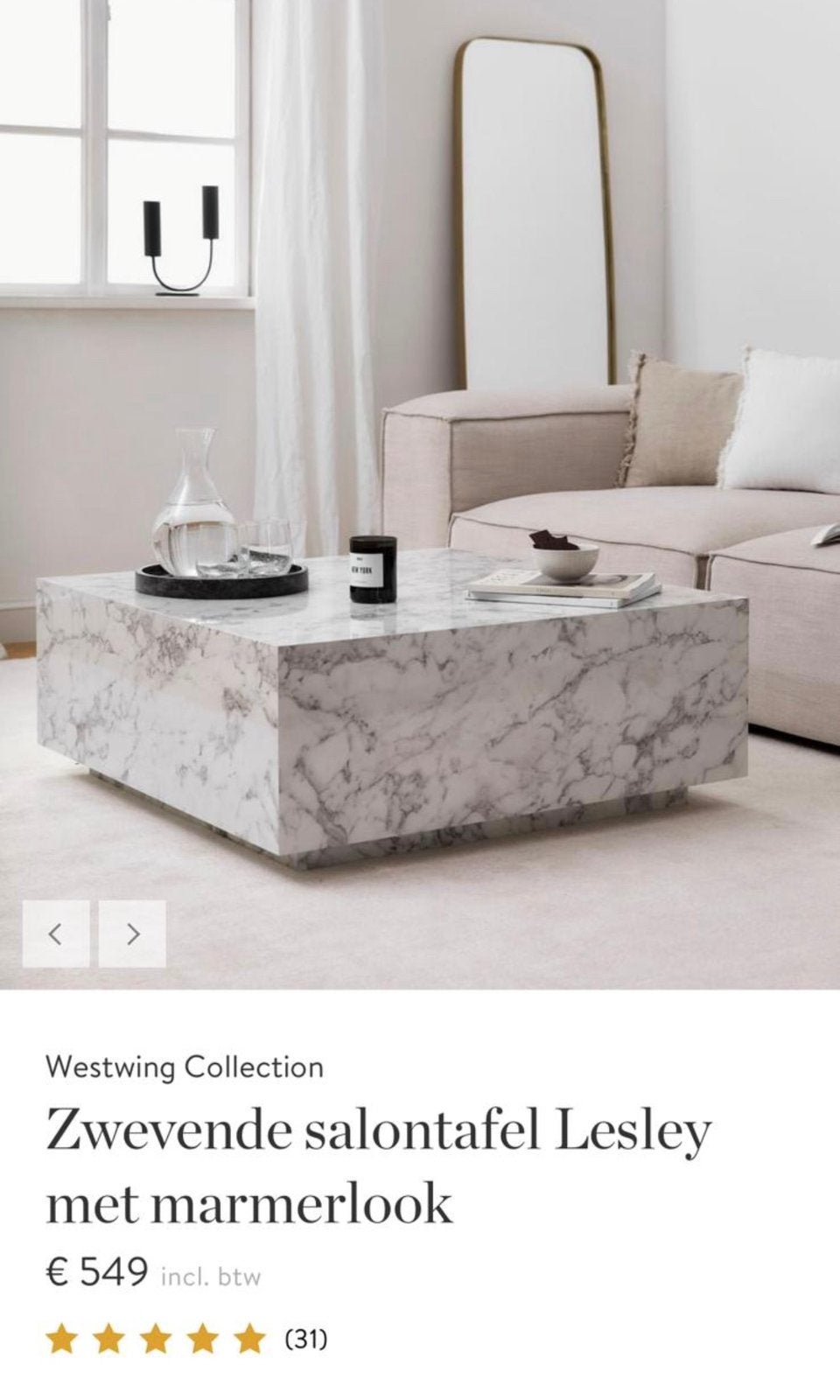 Marmer salontafel westwing, Ophalen, 100 tot 150 cm, Nieuw, 50 tot 100 cm