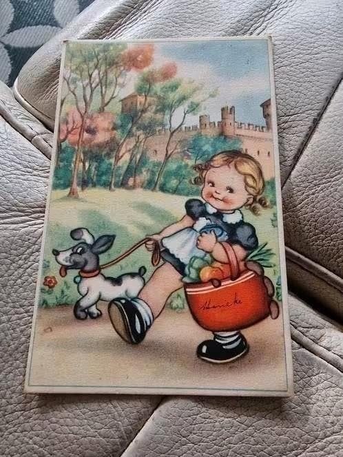 Oude fantasie kaart 1951 - Meisje met hondje, Ophalen of Verzenden, 1940 tot 1960, Ongelopen