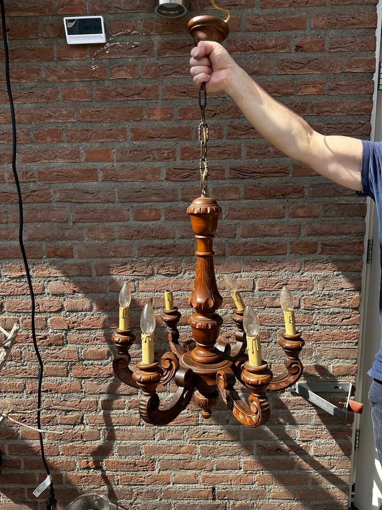 Grote oude houten kroonluchter, Huis en Inrichting, Ophalen, Gebruikt, Hout