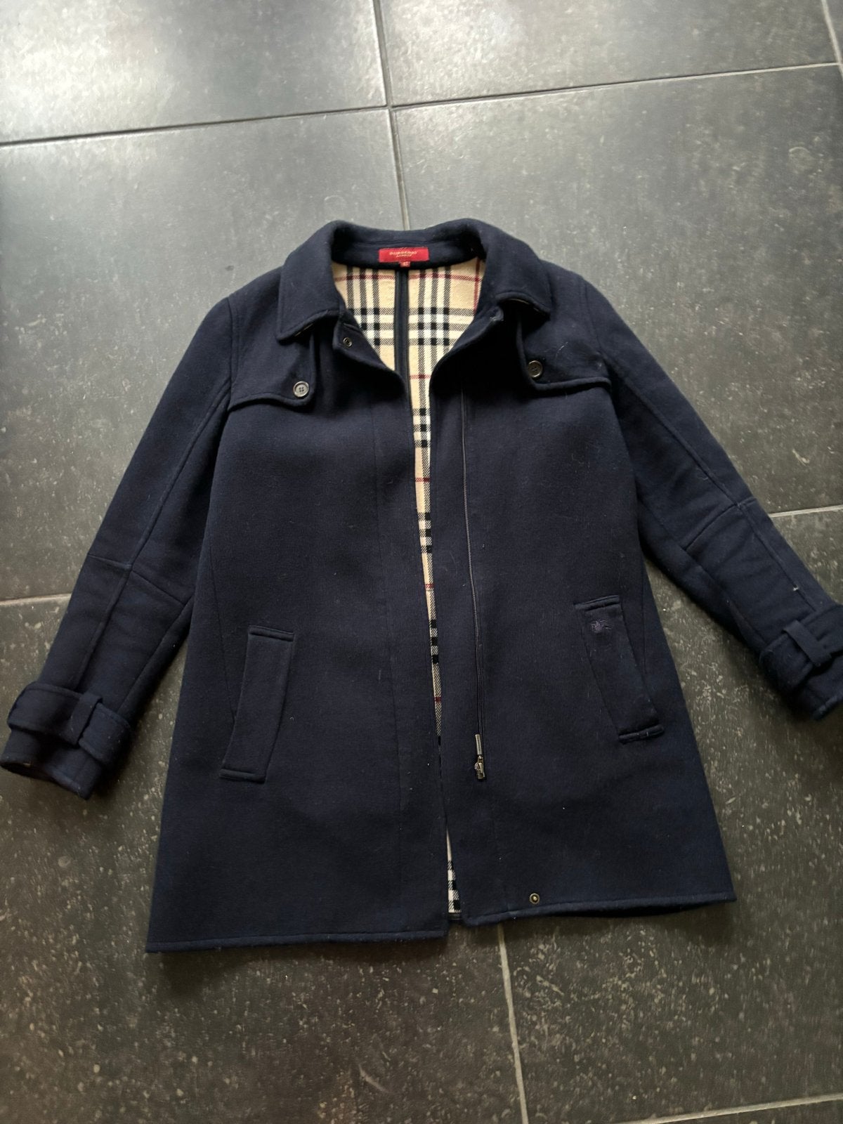 Burberry wollen jas met Nova Check voering, Ophalen, Zo goed als nieuw, Maat 36 (S), Blauw