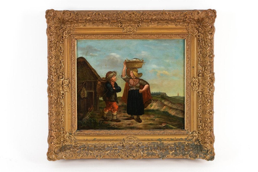 Visverkopers Holland circa 1850 zeldzaam, Ophalen, Origineel werk, Olieverf, Paneel