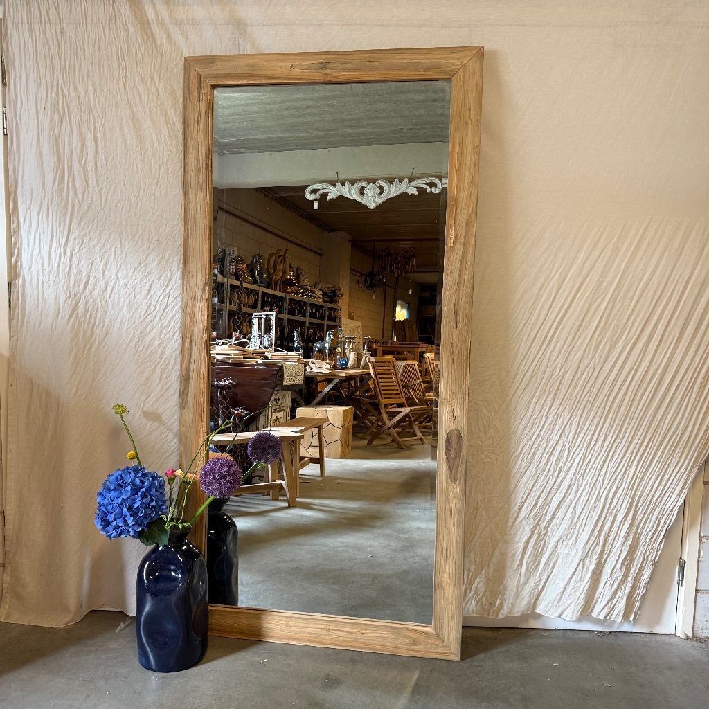 spiegel facet met teak lijst - 200 x 100 cm - Gratis bezorgd, TTM Wonen, Meubels – (Perzische) Tapijten en Woonaccessoires, 200 cm of meer