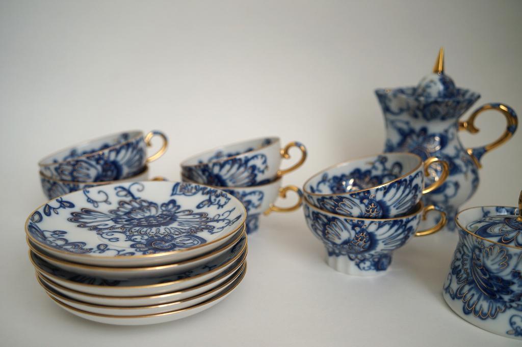 set lomonosov servies singing garden porselein goud blauw., Ophalen of Verzenden, Zo goed als nieuw, Overige stijlen, Porselein