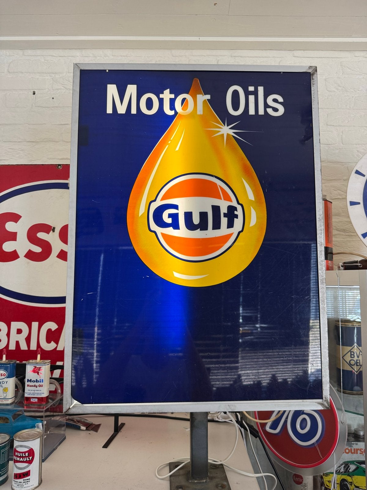 Vintage Gulf Motor Oils Lichtbak Reclamebord, Ophalen, Gebruikt, ., .