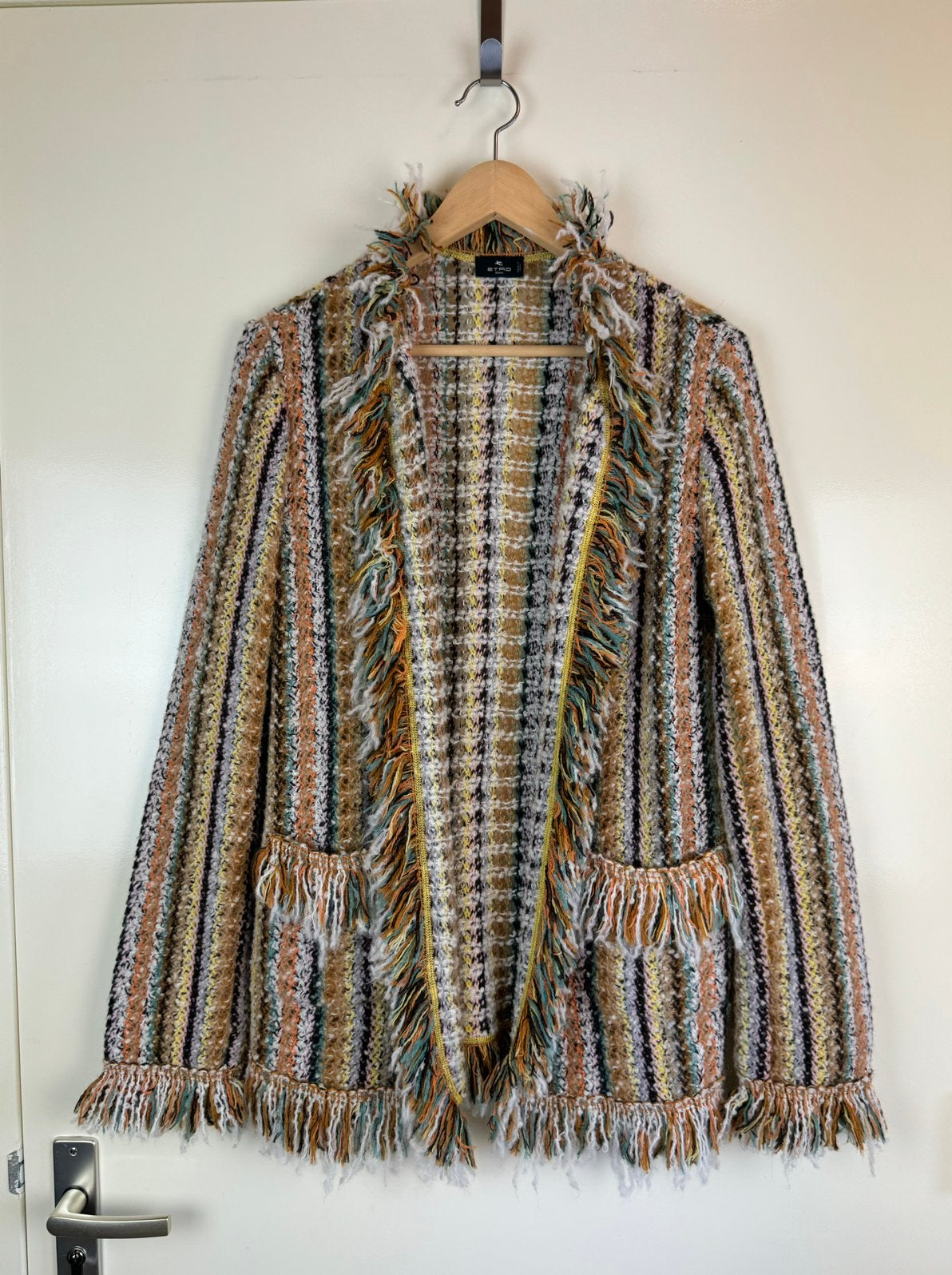 ETRO Tweed Multicolor Wool Mohair Jacket Blazer Coat Fringe, Maat 38/40 (M), Meerkleurig, Ophalen of Verzenden, Zo goed als nieuw