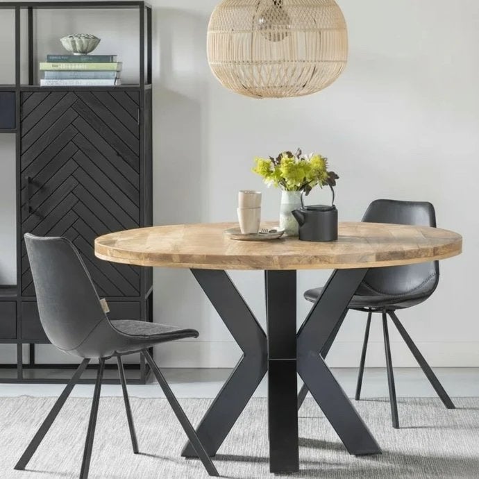 Stijlvolle mango houten eettafel met metalen onderstel, Rond, Ophalen of Verzenden, Zo goed als nieuw, Vier personen